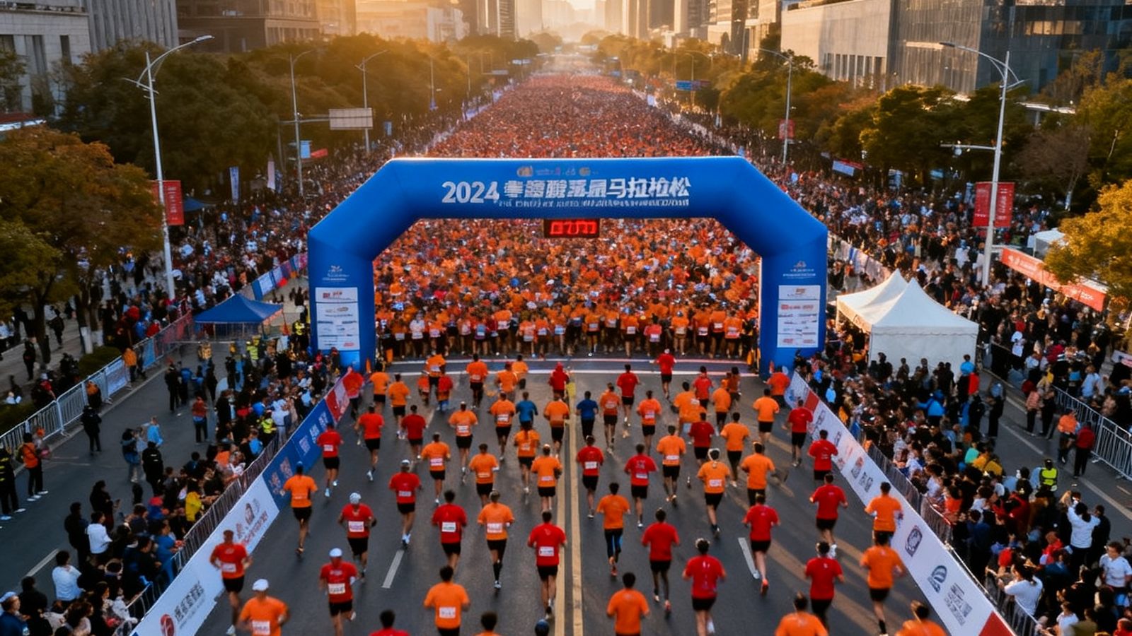 大型城市马拉松赛事起跑瞬间，数万名跑者从城市主干道拱门出发，两侧高楼林立，航拍视角展现人潮涌动的壮观场面