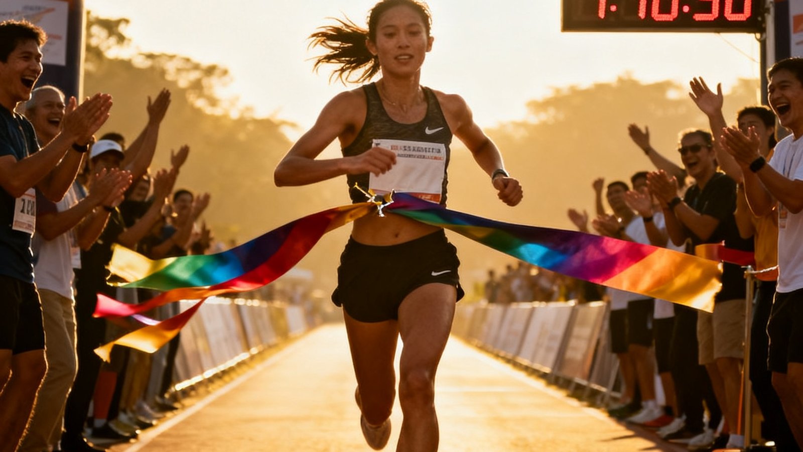 女子半程马拉松冠军选手冲线瞬间，彩带飘扬，计时牌显示优异成绩，两侧观众热烈鼓掌